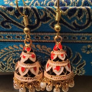 Elegant Gold and Red Jhumka Earrings